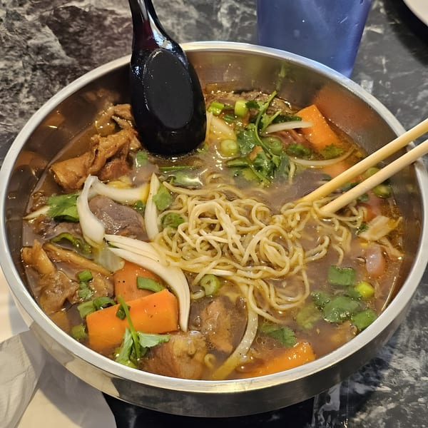 A close-up of a large bowl of Vietnamese pho with noodles, meat, carrots, and herbs.