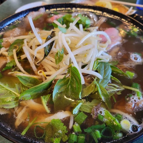 Close-up of a steaming bowl of Pho Thanh pho, topped with fresh bean sprouts, basil, and green onions.